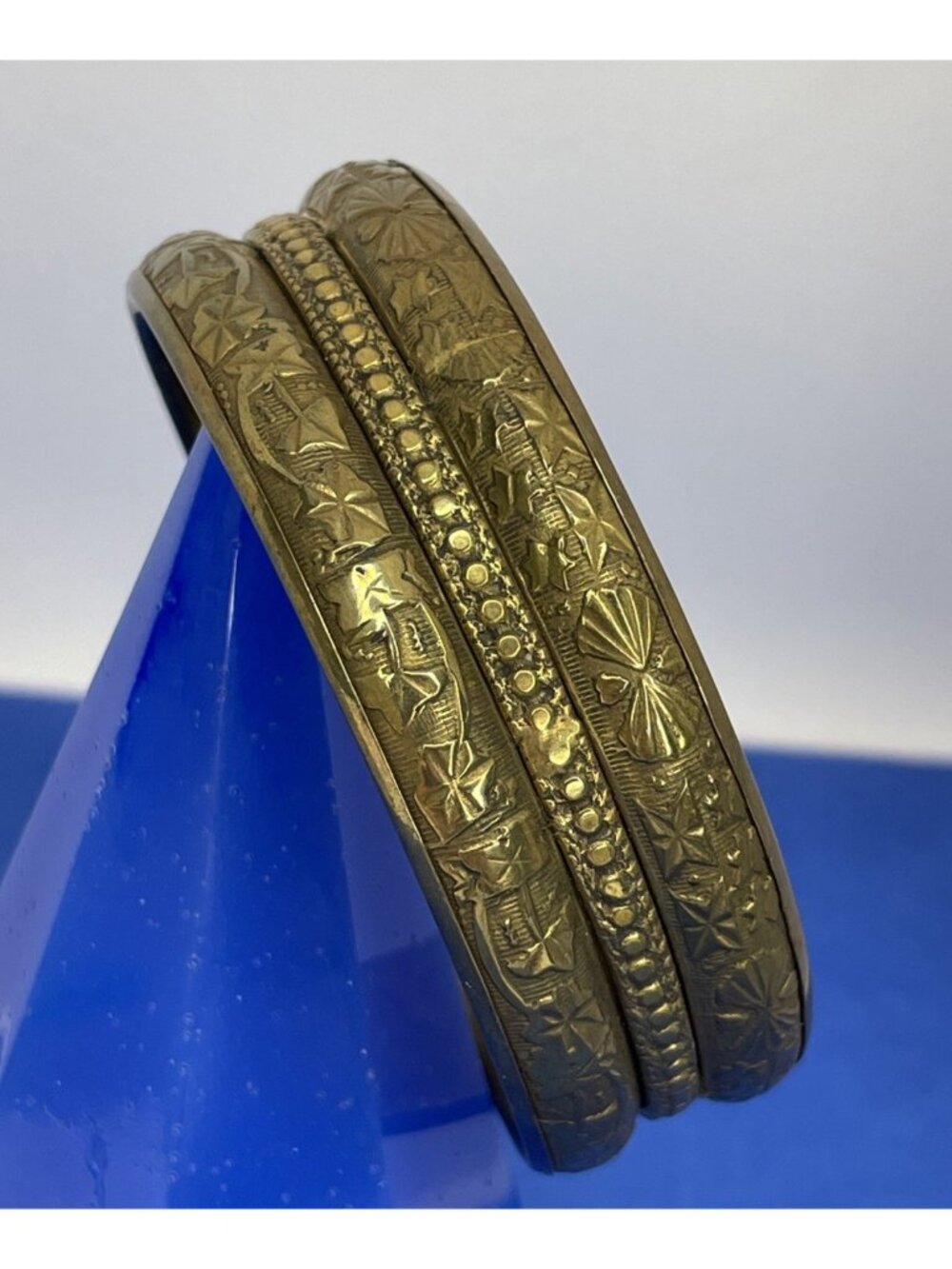 Vintage Brass Bangle Bracelet Embossed Etched Textured Pattern